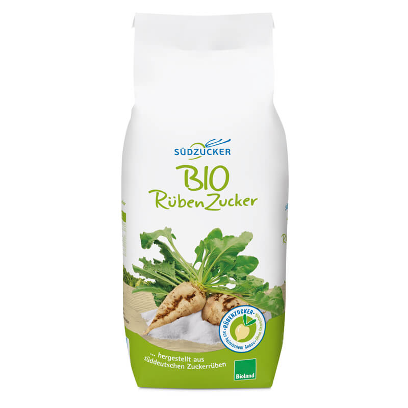 Packung Südzucker Bio Rübenzucker mit gezeichneten Zuckerrüben, Bioland- und Herkunftssiegel